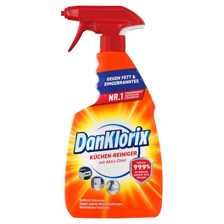 DanKlorix Küchen-Reiniger mit Aktiv-Chlor, orange 750-ml-Sprühflasche – Vorderseite
