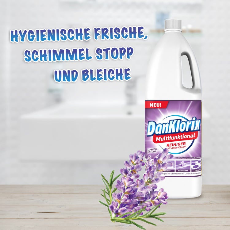 DanKlorix Multifunktional Reiniger Lavendel-Frische mit Aktiv-Chlor, Flasche mit Lavendelblüten – hygienische Frische, Schimmel Stopp und Bleiche