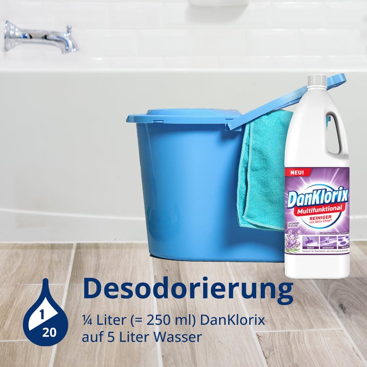 Anwendung Desodorierung: ¼ Liter (250 ml) DanKlorix Lavendel-Frische auf 5 Liter Wasser – Eimer mit Tuch im Bad