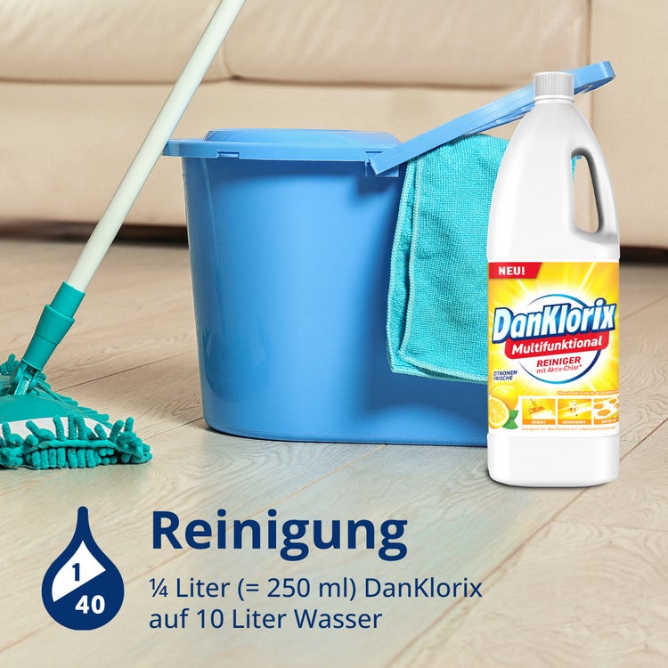 Anwendung Reinigung: ¼ Liter (250 ml) DanKlorix Zitronen-Frische auf 10 Liter Wasser – Wischmopp und Eimer