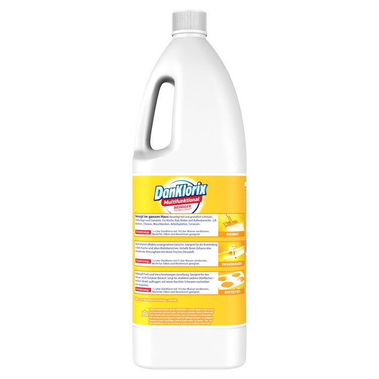 DanKlorix Multifunktional Reiniger Zitronen-Frische, 1,5-Liter-Flasche – Rückseite mit Anwendungs- und Dosierhinweisen