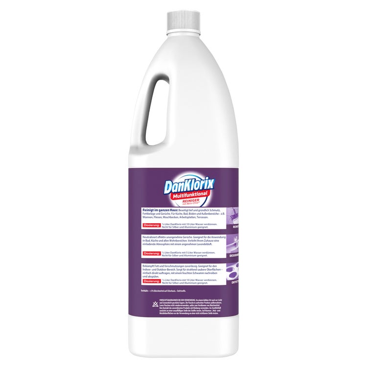 DanKlorix Multifunktional Reiniger Lavendel-Frische, 1,5-Liter-Flasche – Rückseite mit Anwendungs- und Dosierhinweisen