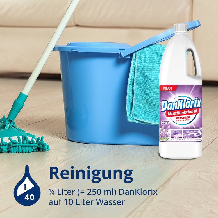 Anwendung Reinigung: ¼ Liter (250 ml) DanKlorix Lavendel-Frische auf 10 Liter Wasser – Wischmopp und Eimer