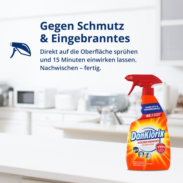 DanKlorix Küchen-Reiniger gegen Schmutz und Eingebranntes – direkt auf die Oberfläche sprühen, 15 Minuten einwirken lassen, nachwischen