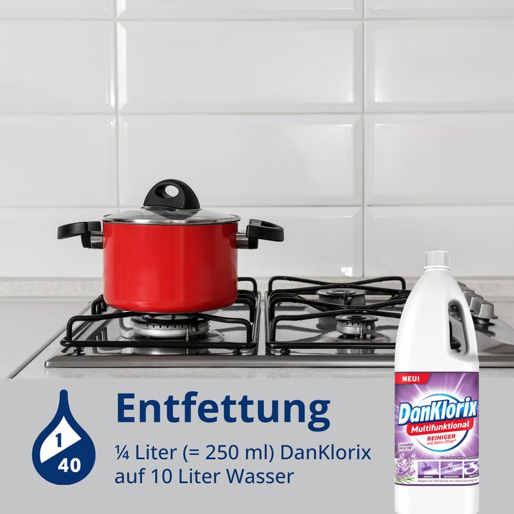 Anwendung Entfettung: ¼ Liter (250 ml) DanKlorix Lavendel-Frische auf 10 Liter Wasser – Topf auf dem Gasherd