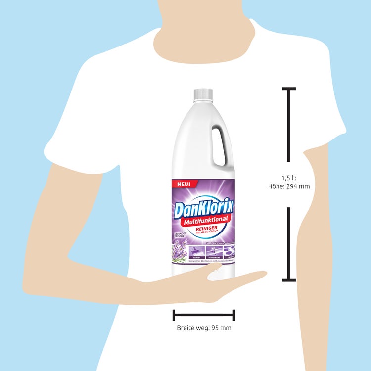 Größenvergleich: Person hält die 1,5-Liter-Flasche DanKlorix Lavendel-Frische (Höhe 294 mm)