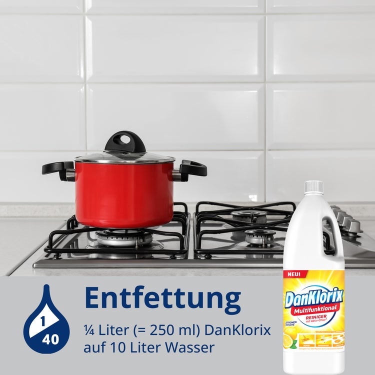 Anwendung Entfettung: ¼ Liter (250 ml) DanKlorix Zitronen-Frische auf 10 Liter Wasser – Topf auf dem Gasherd