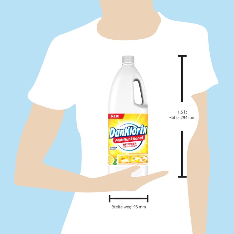 Größenvergleich: Person hält die 1,5-Liter-Flasche DanKlorix Zitronen-Frische (Höhe 294 mm)