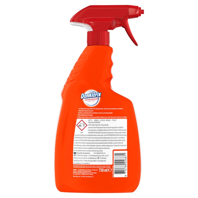 DanKlorix Küchen-Reiniger mit Aktiv-Chlor, 750-ml-Sprühflasche – Rückseite mit Produktinformationen