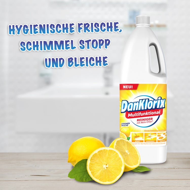 DanKlorix Multifunktional Reiniger Zitronen-Frische mit Aktiv-Chlor, Flasche mit Zitronen – hygienische Frische, Schimmel Stopp und Bleiche