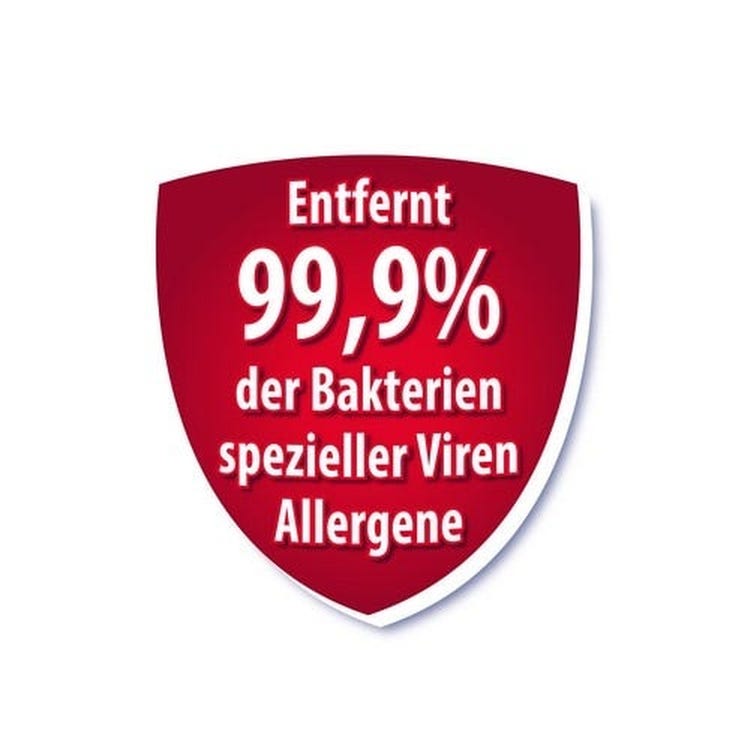 Rotes Siegel: Entfernt 99,9 % der Bakterien, spezieller Viren und Allergene